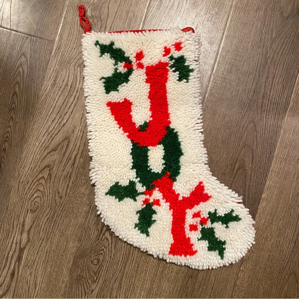 Vintage “Joy” Latch‎ Hook Yarn Design with Holly Accents and Red Corduroy